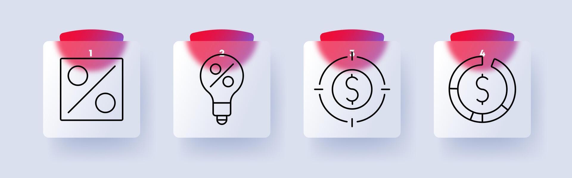 Finance set icon. Percentage discount, financial idea, dollar in focus, circular economy, money, business strategy, economic growth, financial planning. vector