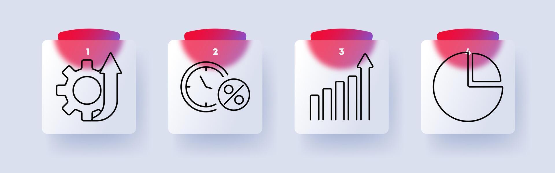 Business growth set icon. Gear, progress, clock, percentage, bar chart, pie chart, analytics, economy, finance, productivity, statistics, planning, improvement, efficiency, performance. vector