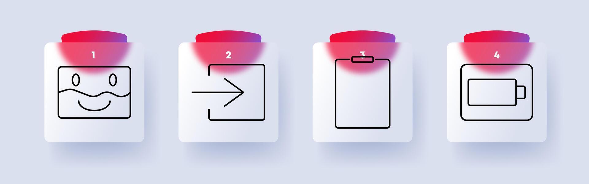 Interface set icon. Smiley face, arrow pointing right, clipboard, battery, user interaction, navigation, digital tools, energy, UI, online system. vector