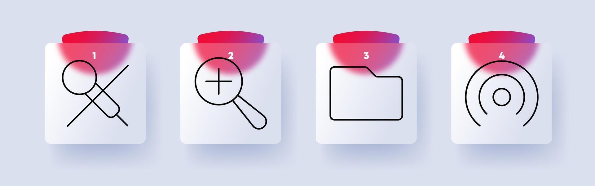 Search set icon. Disabled search, magnifying glass with plus, folder, radar, discovery, navigation, online browsing, tracking, technology, research. vector