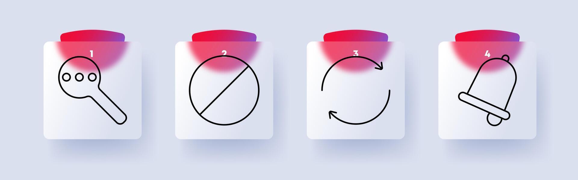 Alert set icon. Magnifier, prohibition, refresh, notification bell, warning, attention, restriction, update, communication, reminder, caution, restriction sign, renewal, alert system. vector