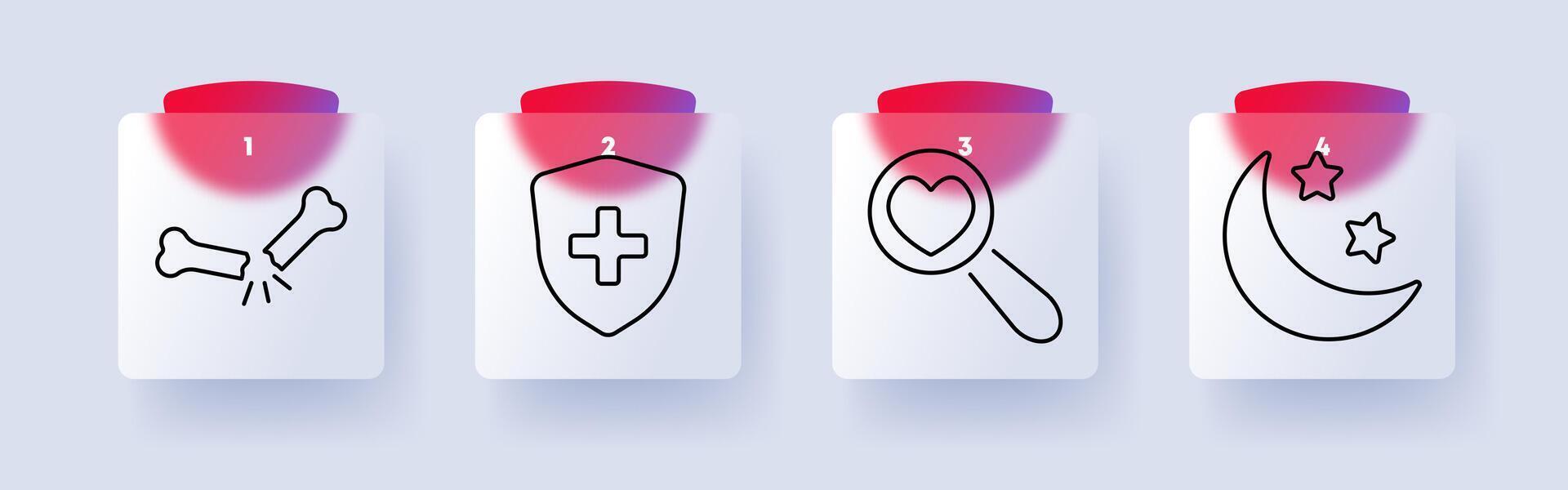 Health set icon. Broken bone, medical shield, heart search, night care, injury, diagnosis, medical protection, emergency, wellness, healthcare support. vector