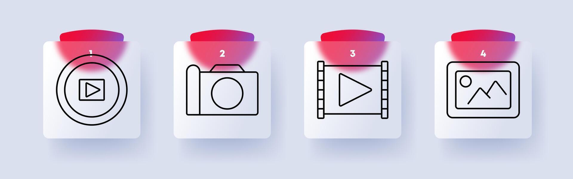 Media set icon. Play button, camera, film strip, image, multimedia, content creation, , photography, digital media, entertainment, production, visuals, technology, creativity, online. vector