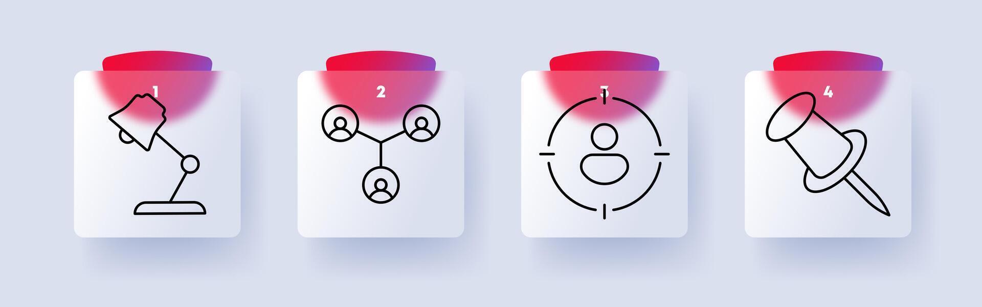 Networking set icon. Desk lamp, social connection, target audience, push pin, communication, teamwork, focus, collaboration, office, organization, leadership, planning, online community, networking vector