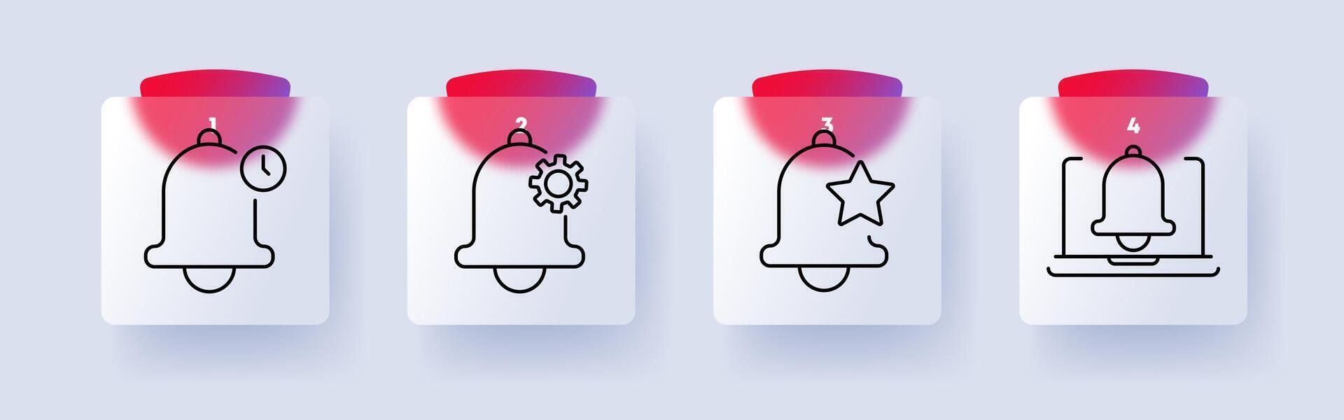 Notification set icon. Bell with clock, settings gear, star, laptop alert, reminder, customization, favorite, online system, notifications, alerts. vector