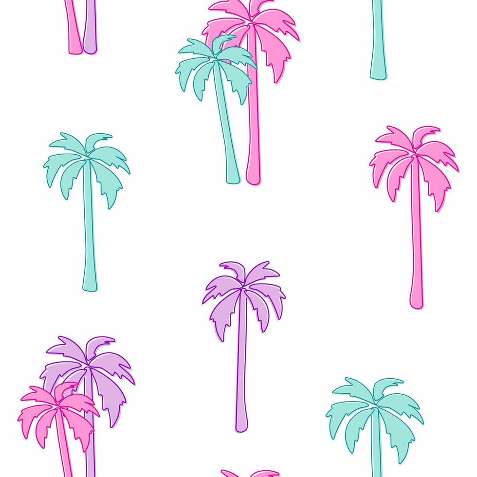 Seamless pastel palm tree pattern with colourful elements on a light background, creating a tropical and trendy aesthetic vector