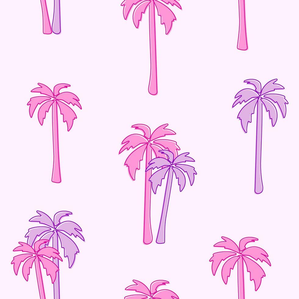 Pink and purple palm tree seamless pattern on a light background, featuring a trendy tropical design vector