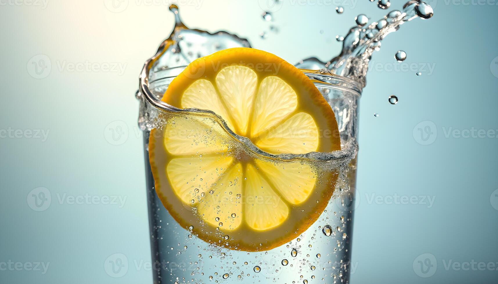 Refreshing Lemon Slice Splash in Glass of Water with Blue Background photo