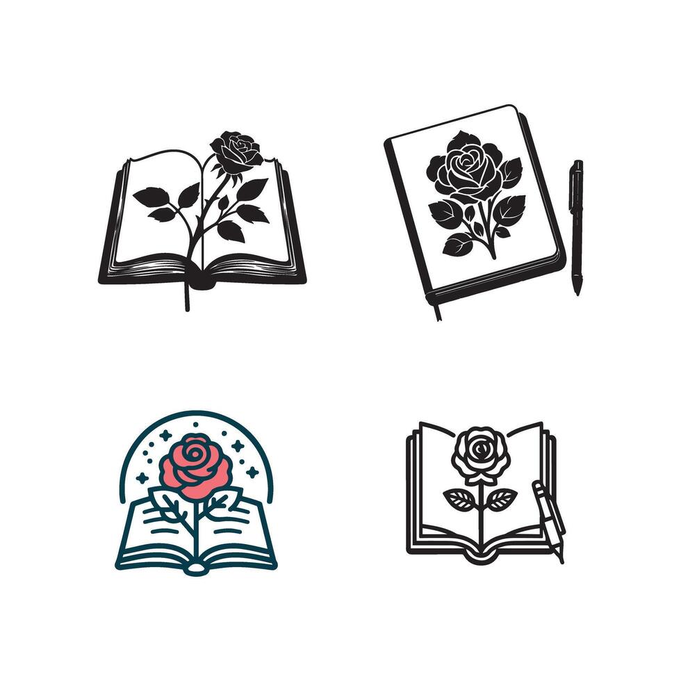 Four icons of books, roses and a pen vector