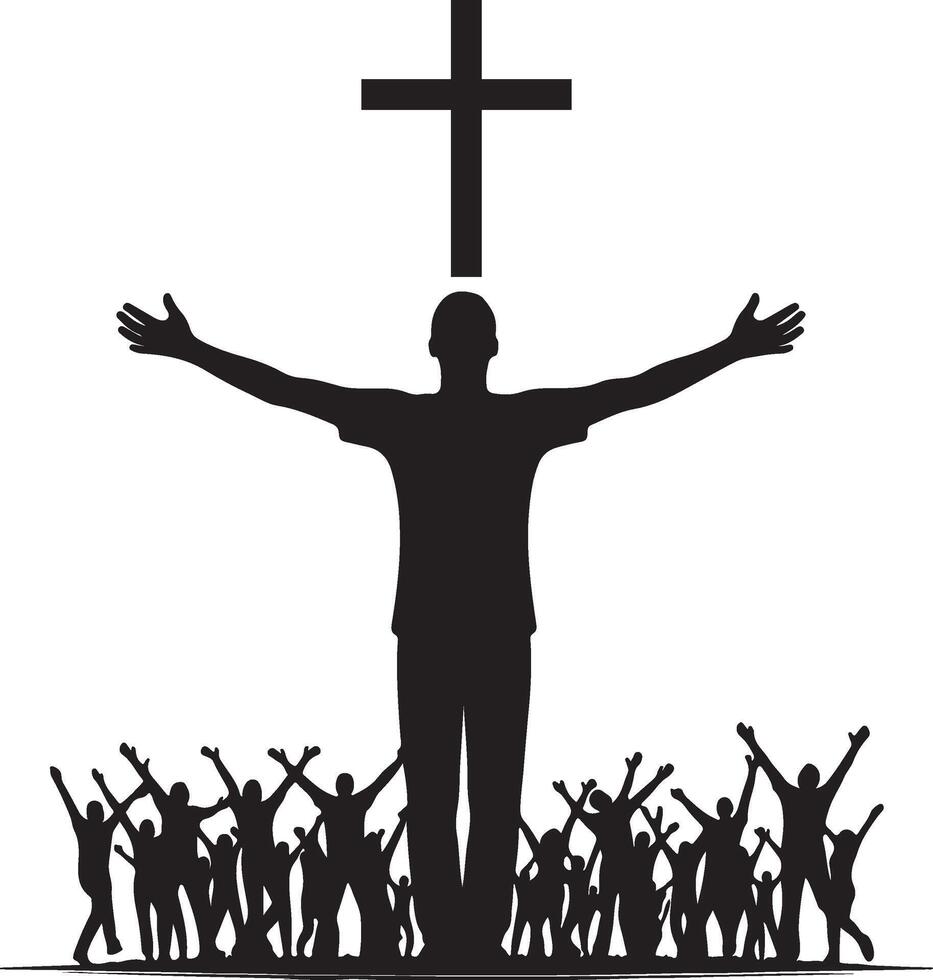 A silhouette of a man with arms raised in front of a cross vector