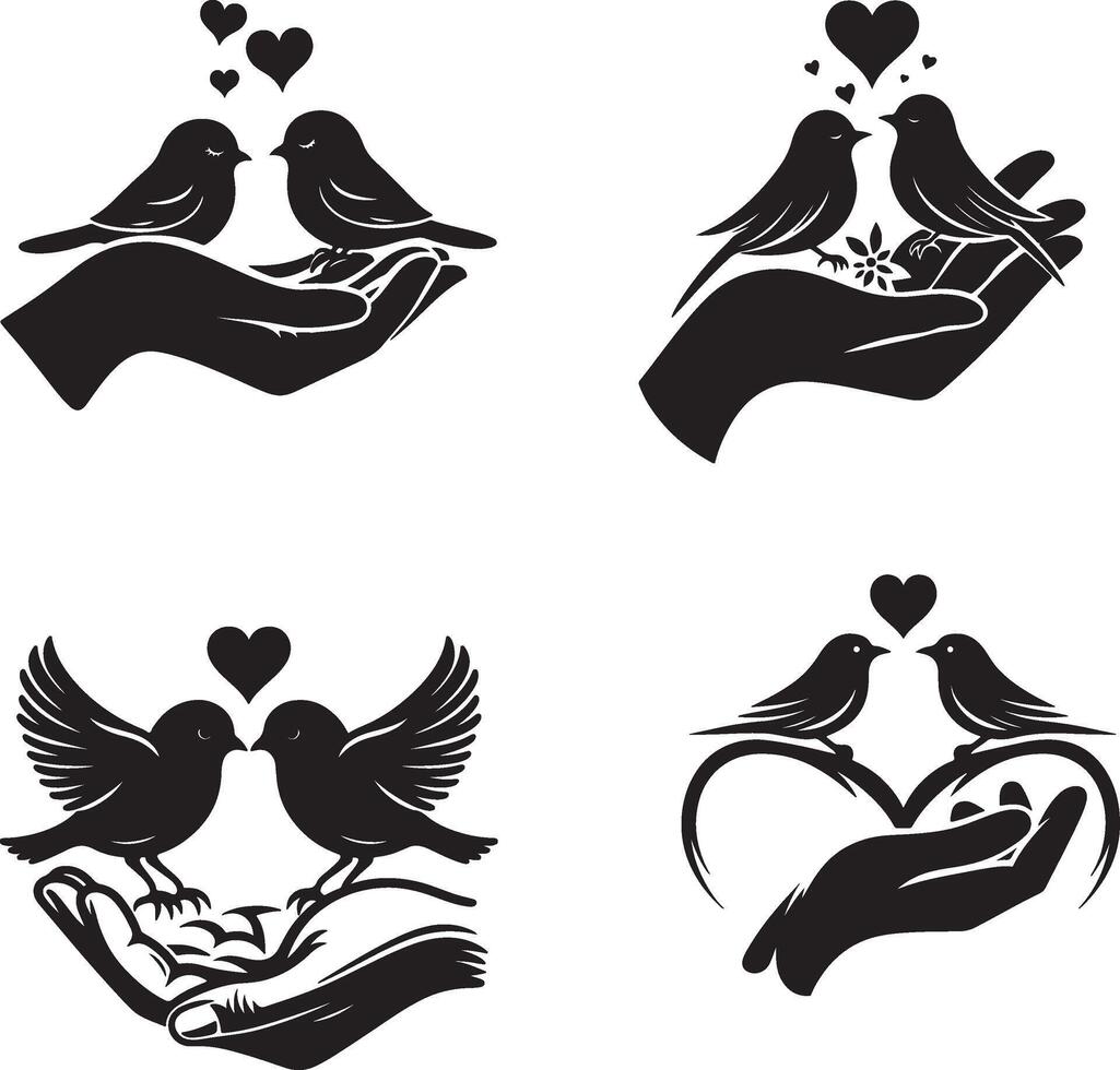 Four black and white silhouettes of birds with hearts vector