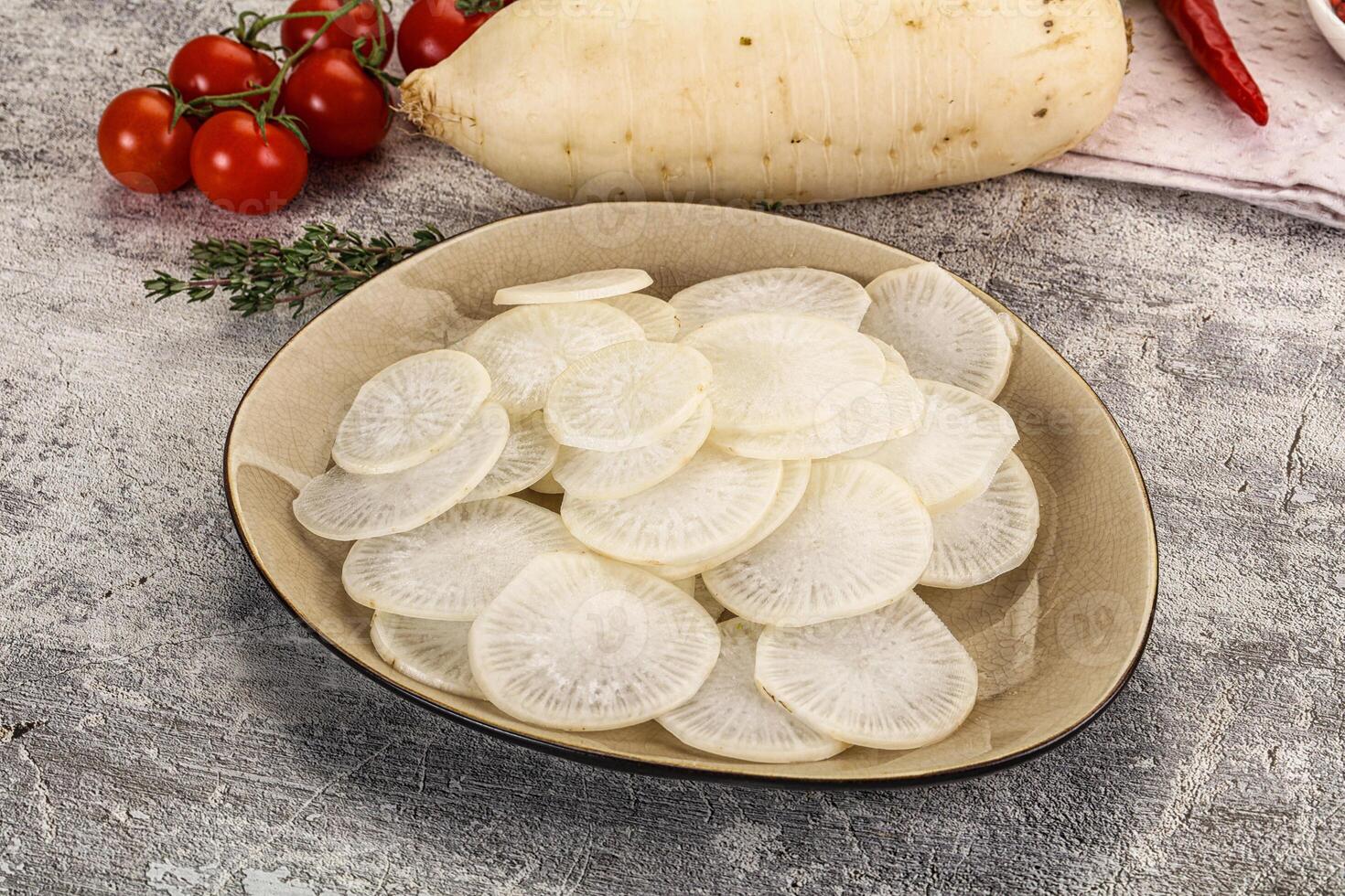 A bowl of sliced white potatoes on a table photo