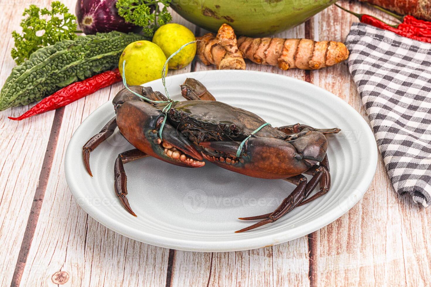 A crab on a plate with other vegetables and spices photo