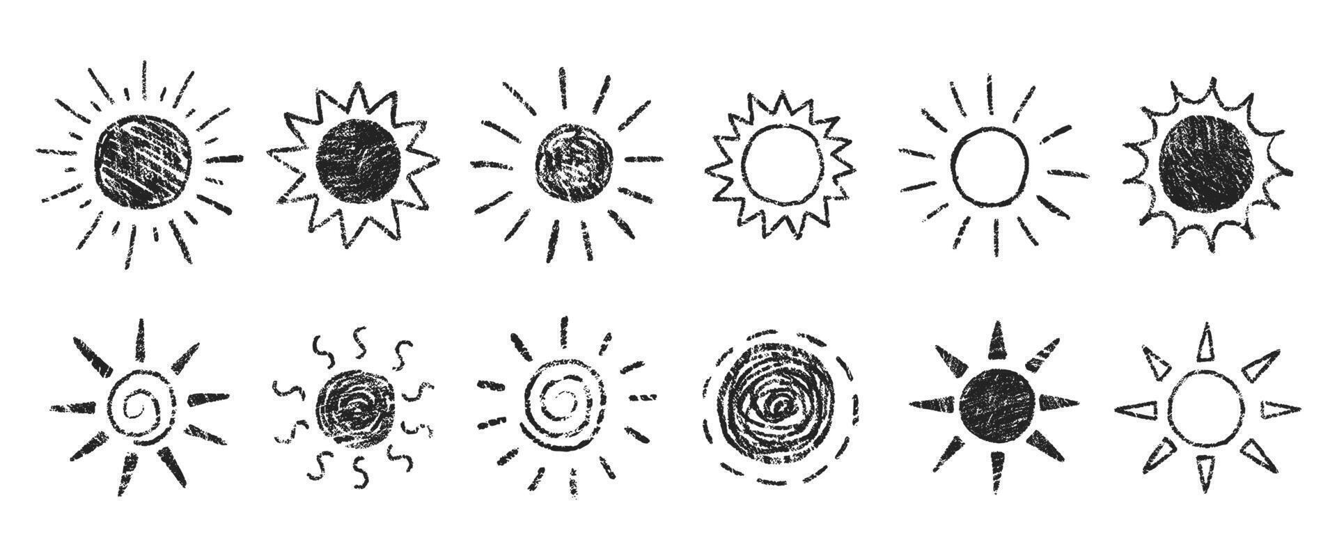 Set of handdrawn sun with crayon, chalk or pastel texture. Summer grunge illustration. vector