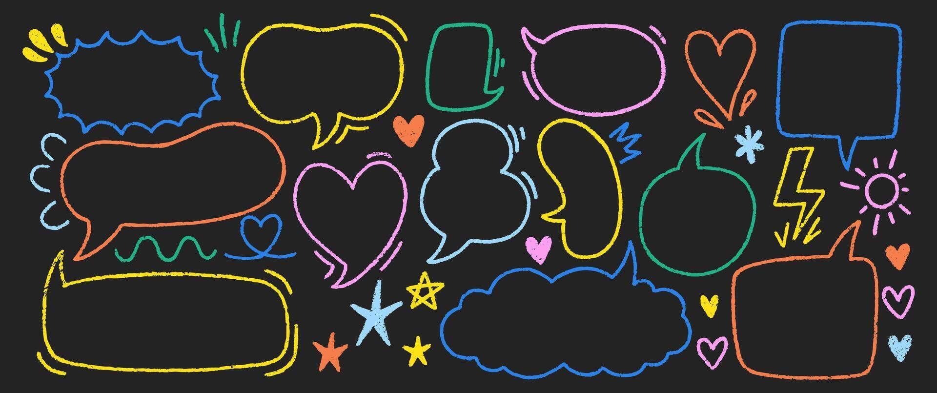 Set of crayon speech bubble or text frames. Pastel, chalk or pencil illustration on a black background. vector