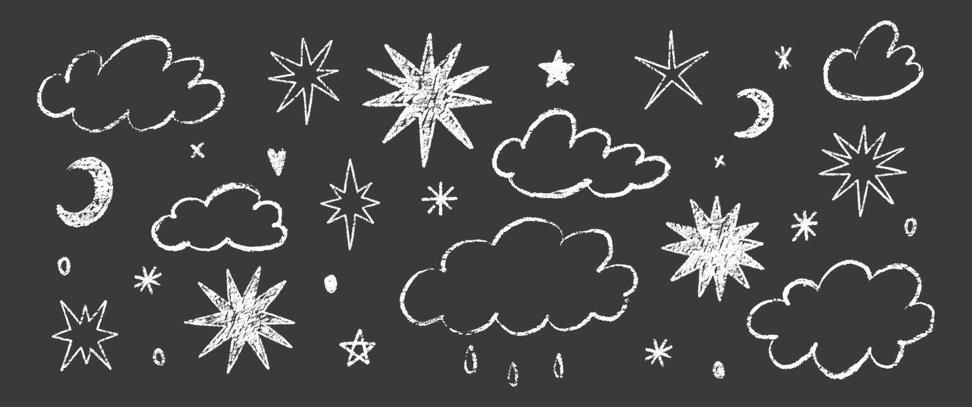 Set of crayon clouds, stars and moon. Hand drawn white kids crayon illustration isolated on black background. vector