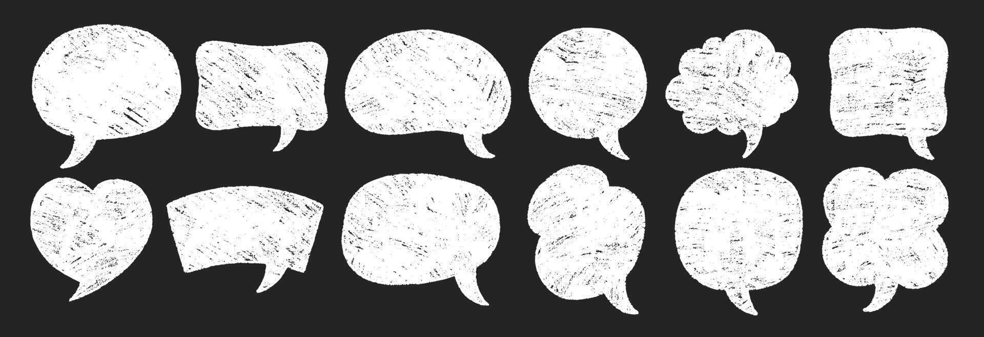 Set of hand drawn grunge crayon, charcoal, chalk speech bubbles in doodle style. Text boxes on a black background. vector