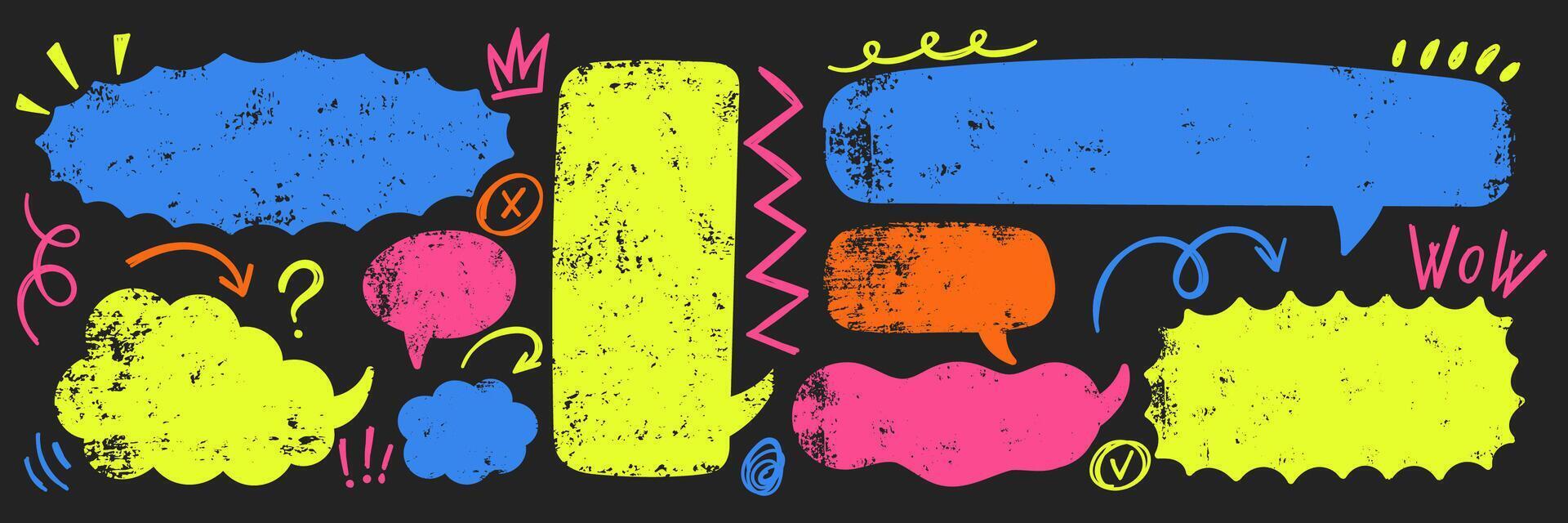 Set of text boxes, speech bubbles, arrow, crown and zigzag line with crayon or chalk texture. Grunge illustration the blackboard. vector