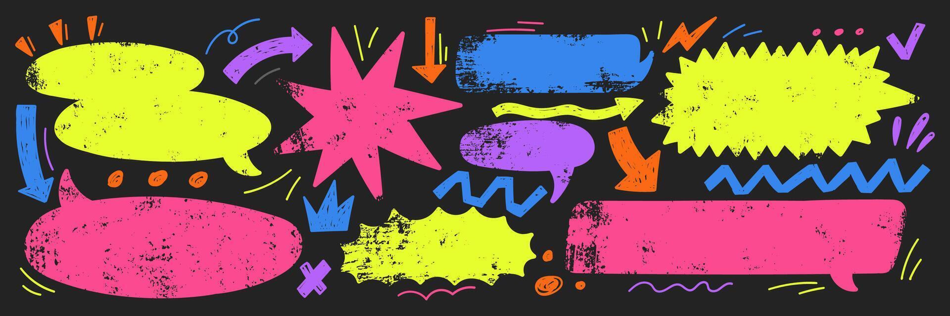 Set of text boxes, speech bubbles, arrow and star with crayon or chalk texture. Grunge illustration on the blackboard. vector
