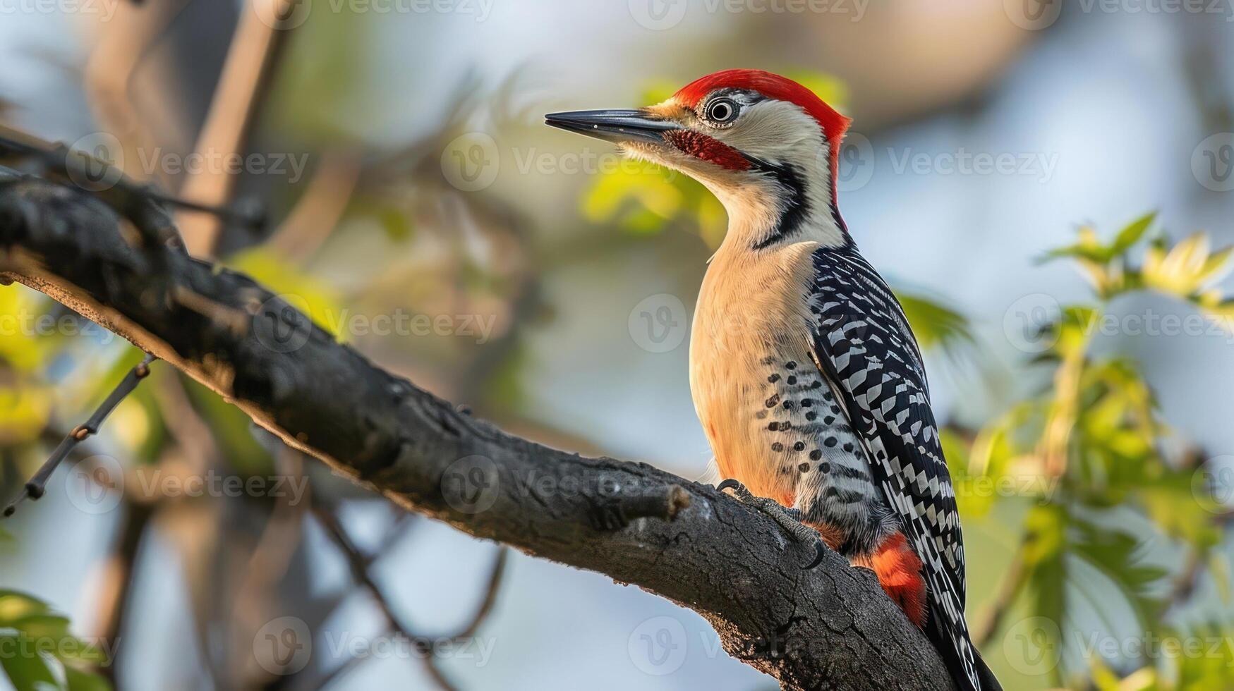 Colorful woodpecker perched on a branch amidst lush greenery in a serene natural setting photo