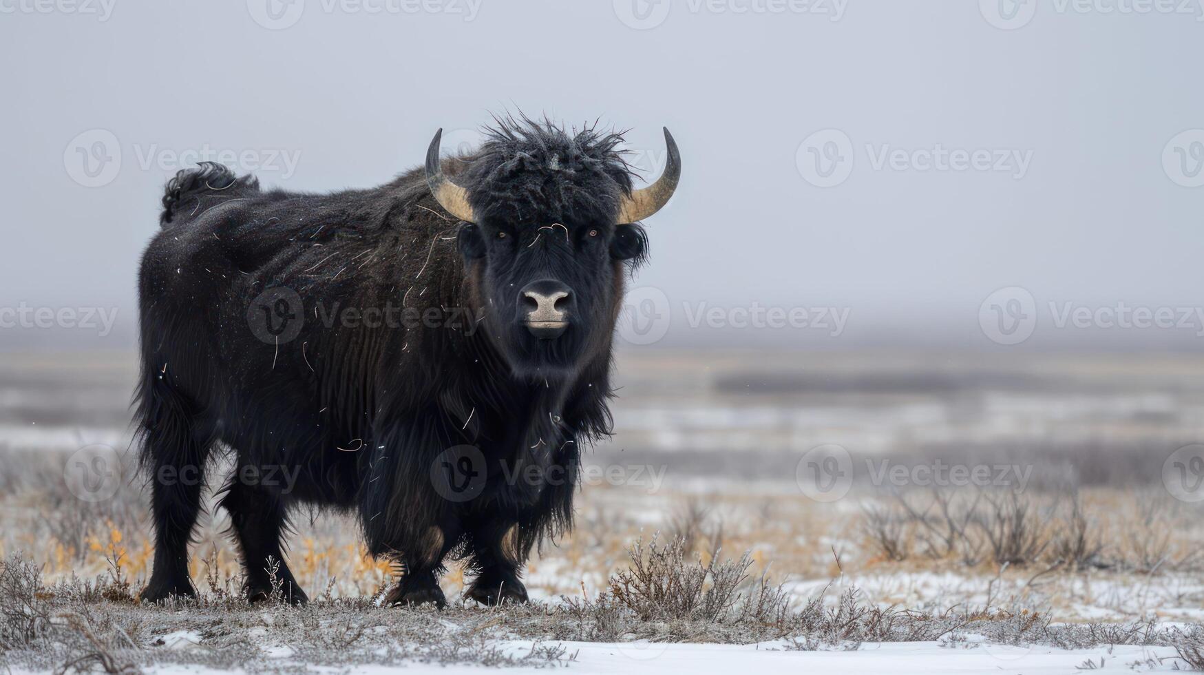 Majestic yak standing in a snowy landscape, surrounded by sparse vegetation under a foggy sky photo