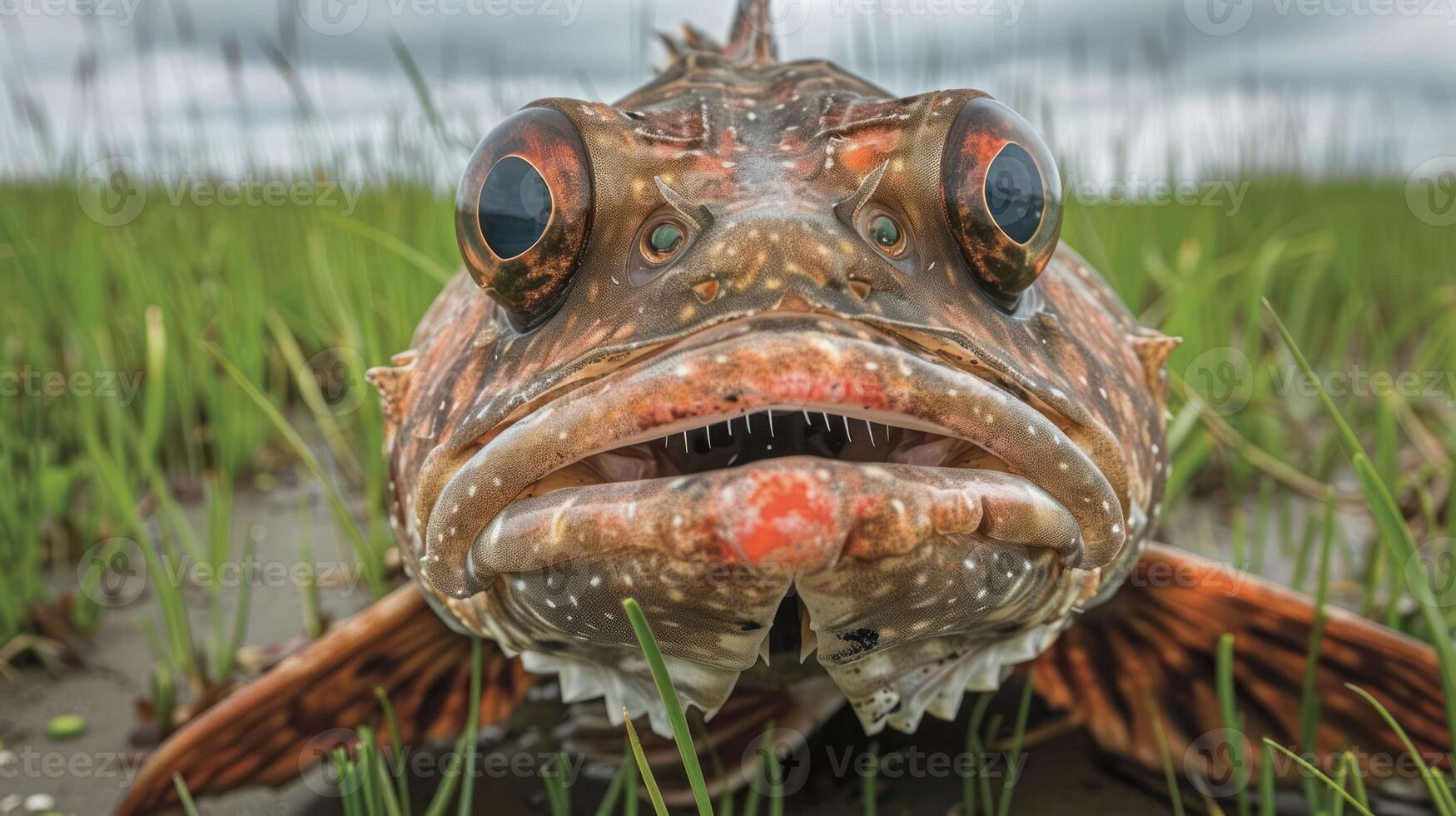 Close-up of a vibrant fish resting on a grassy shore under a cloudy sky, showcasing nature's beauty photo