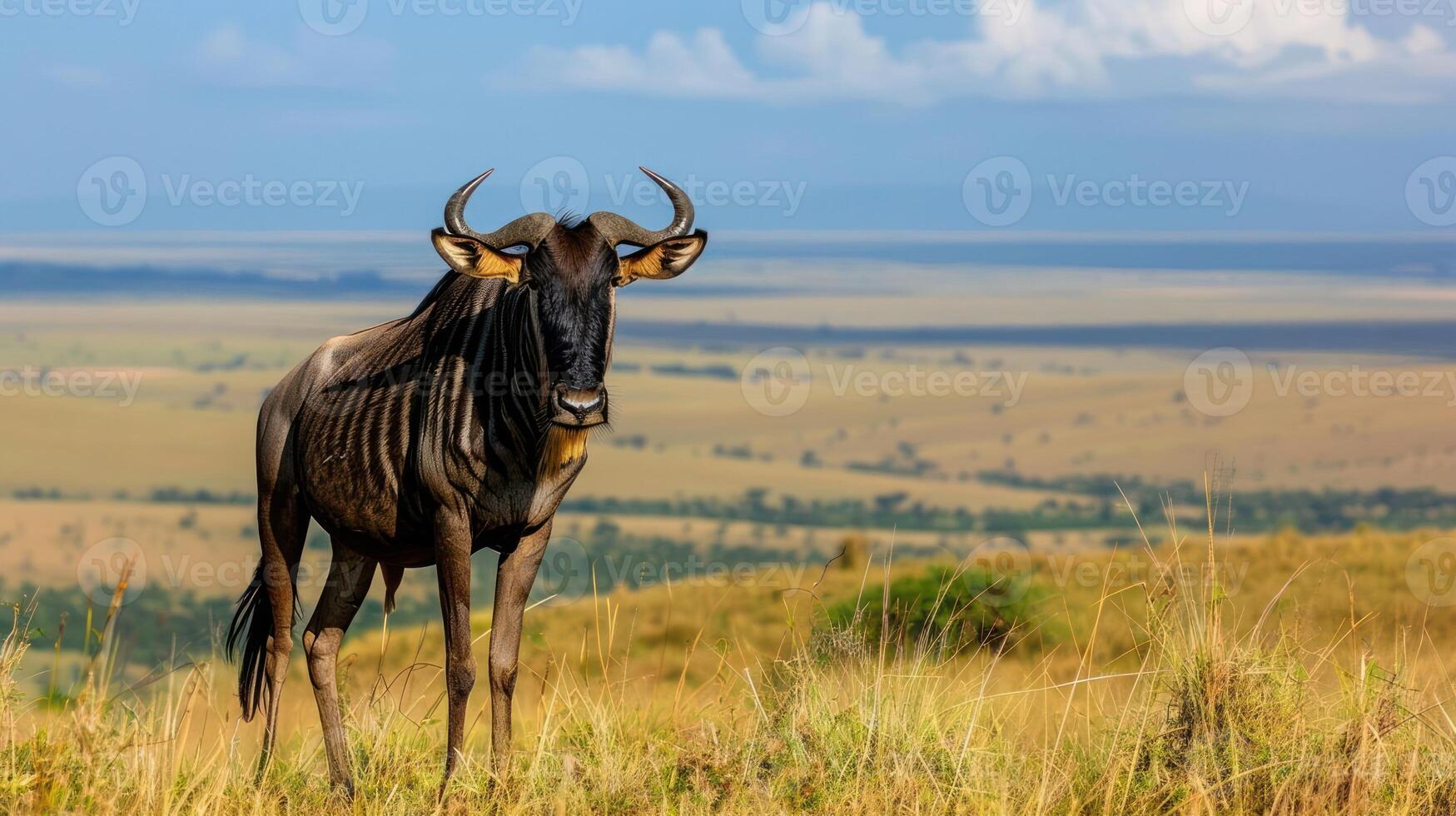Majestic wildebeest standing on a grassy hilltop overlooking a vast savannah landscape photo