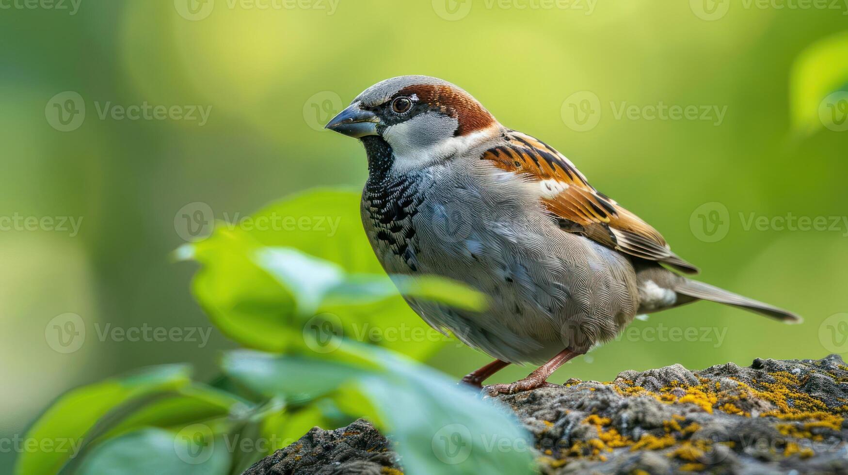 A close-up of a sparrow perched on a mossy rock amidst lush greenery in a tranquil setting photo