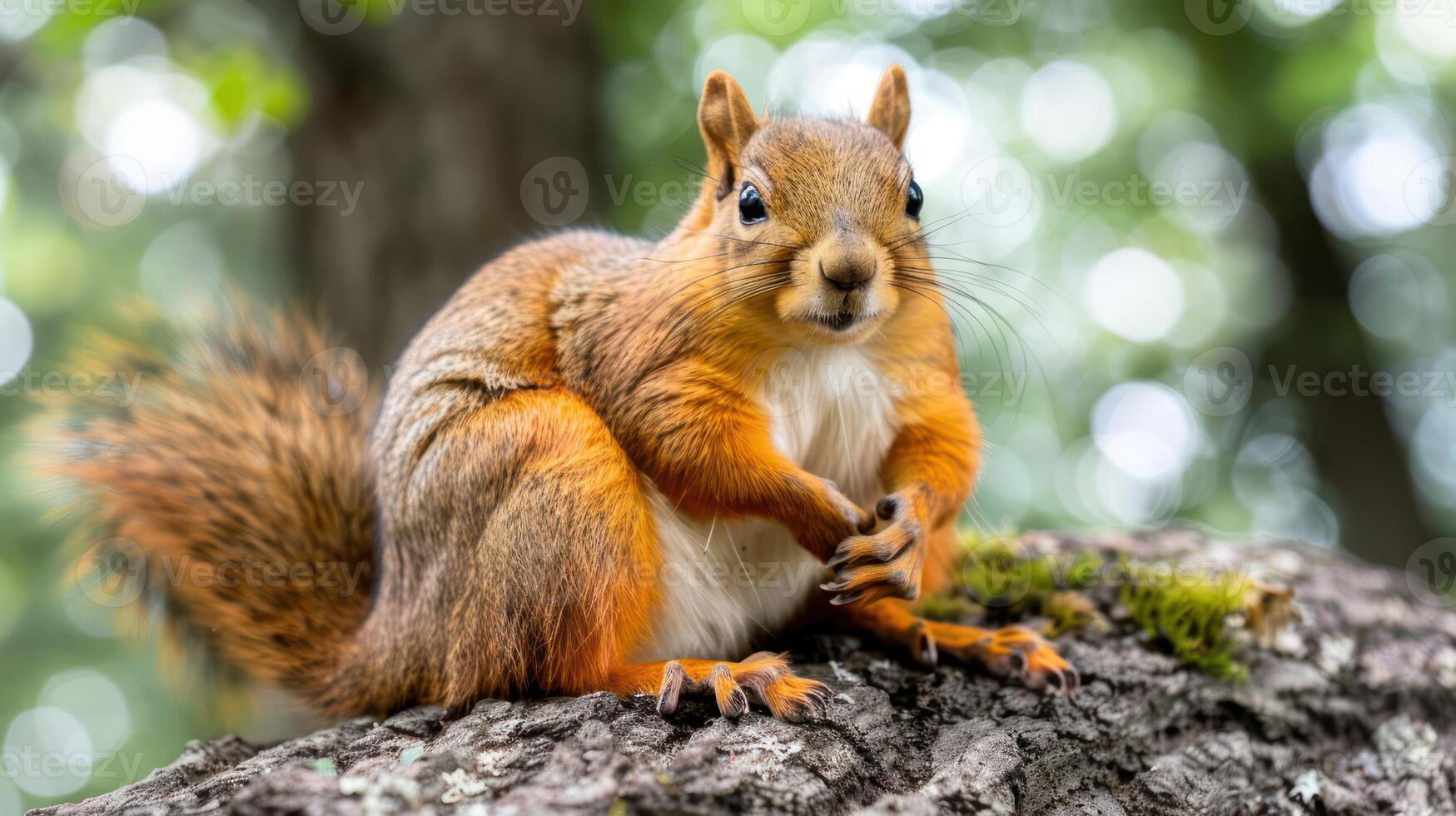 Close-up of a curious squirrel perched on a tree branch in a lush green forest setting photo