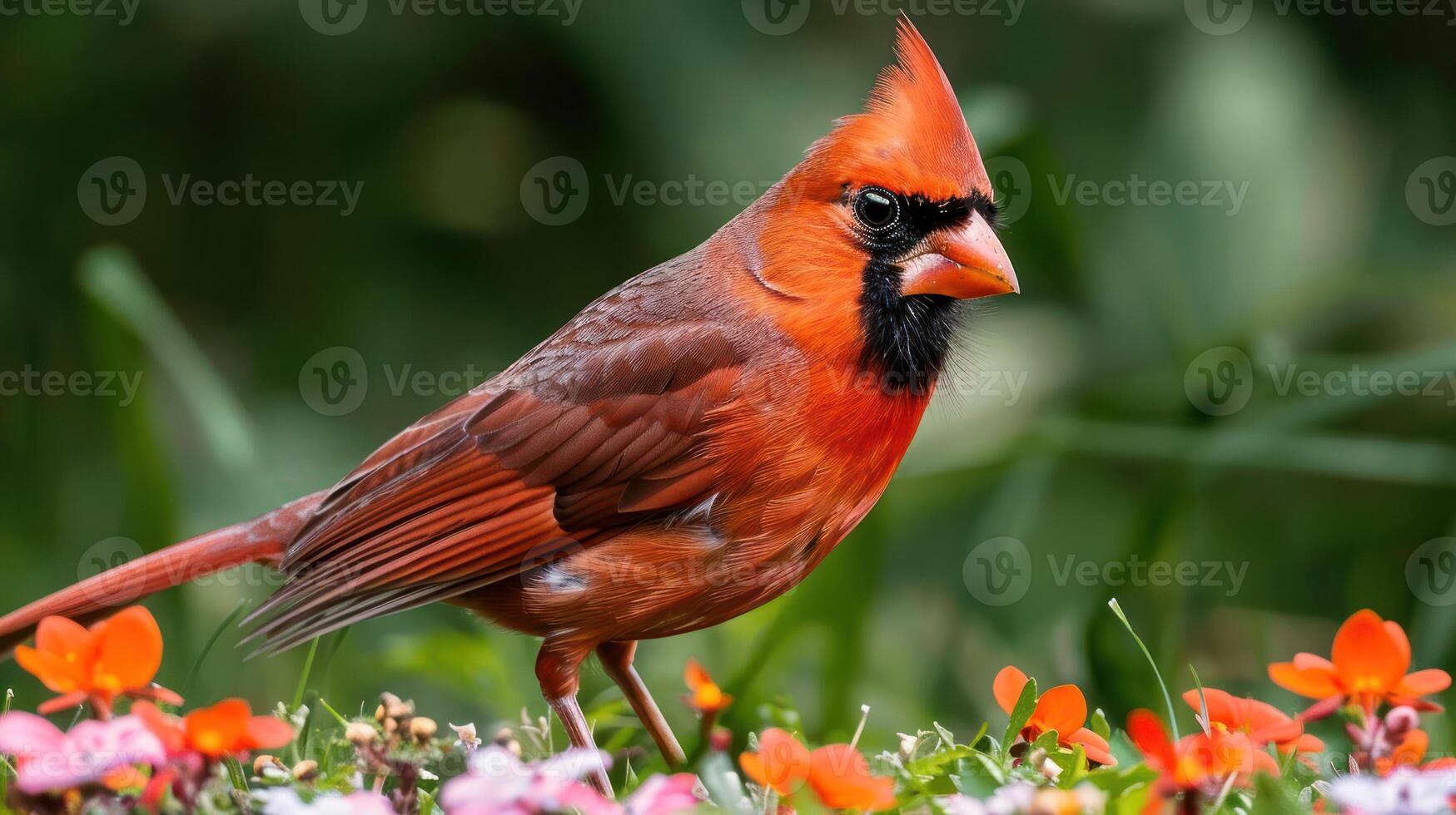 Vibrant red cardinal bird standing among colorful flowers in a lush garden setting photo