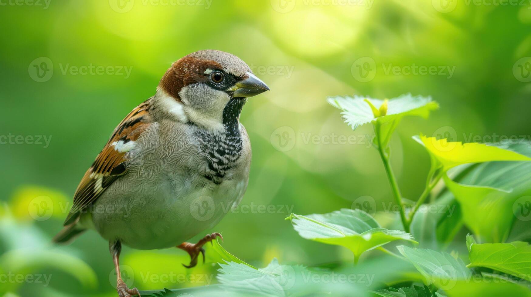 A sparrow perched on vibrant green foliage, surrounded by a lush natural backdrop photo