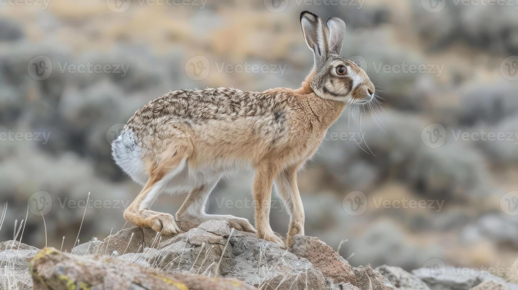 A brown hare poised on rocky terrain, showcasing its alert posture against a blurred background photo