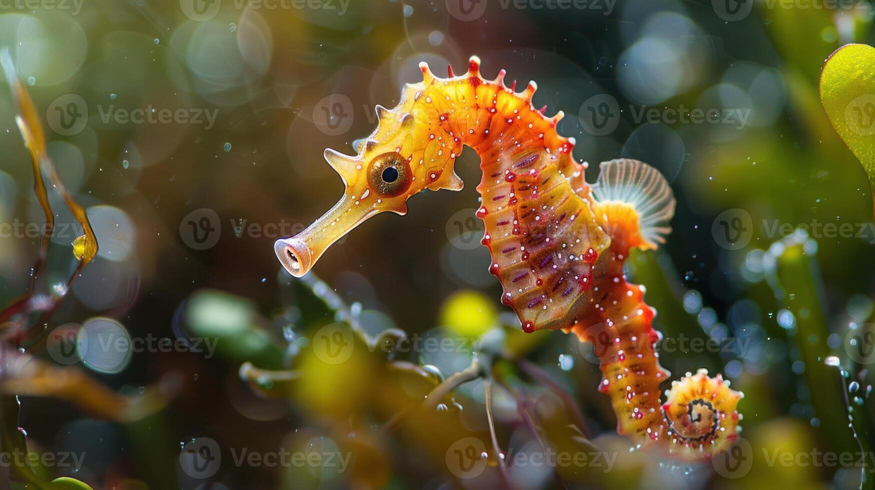 Vibrant underwater scene featuring a seahorse amidst colorful marine vegetation and bubbles photo