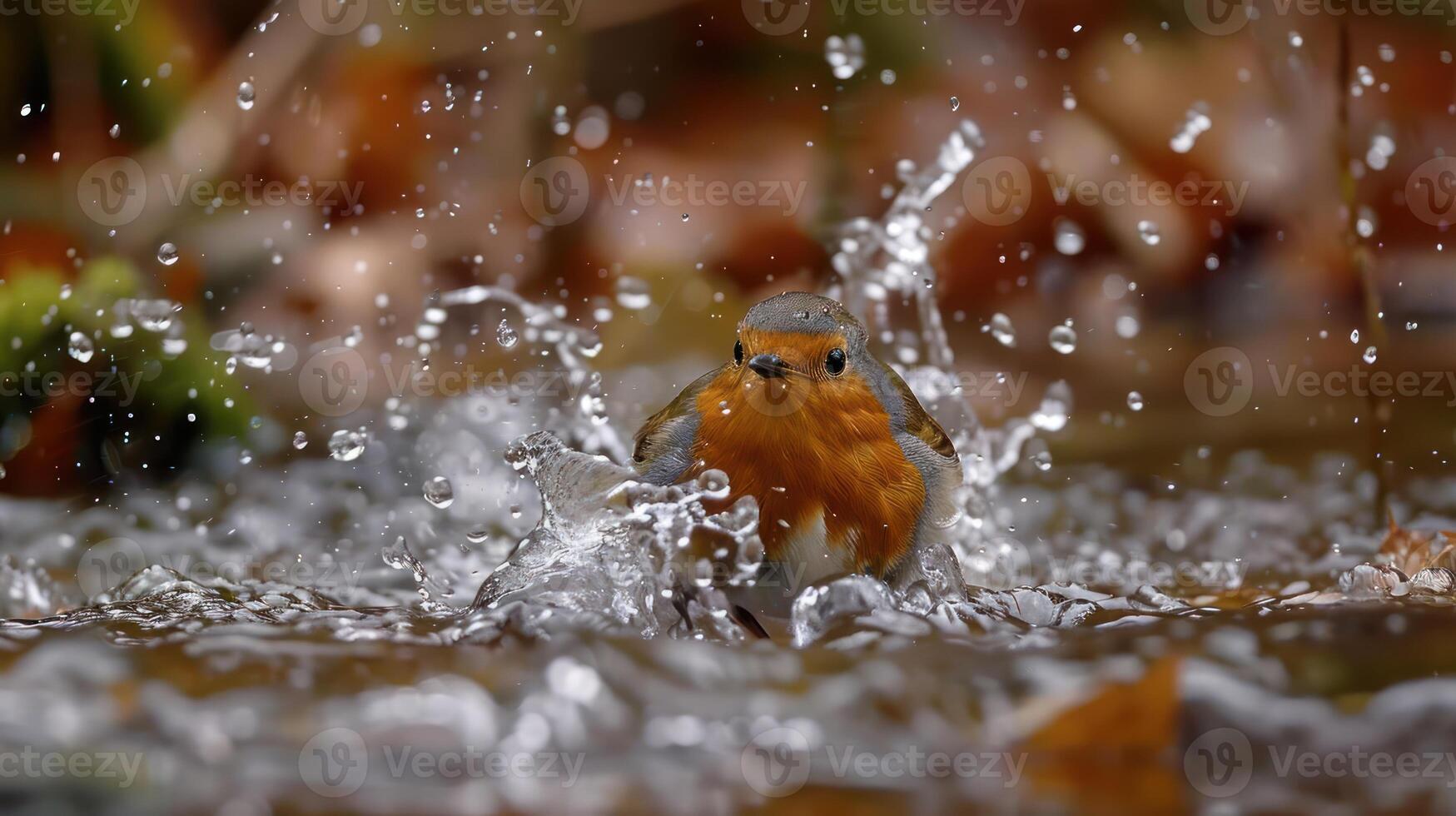 A vibrant bird splashes in a serene pond surrounded by autumn foliage, capturing nature's beauty photo