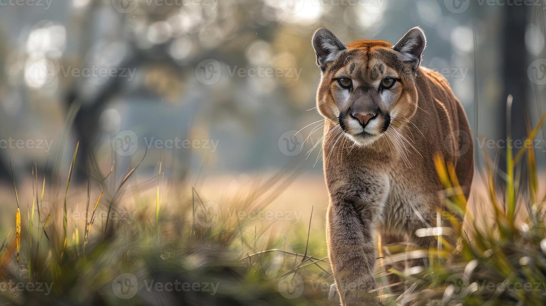 A majestic cougar prowling through tall grass in a serene forest setting during golden hour photo