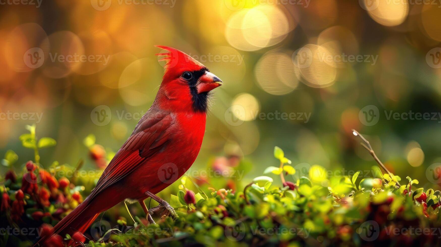 Vivid red cardinal perched on lush green foliage, surrounded by soft bokeh background lights photo