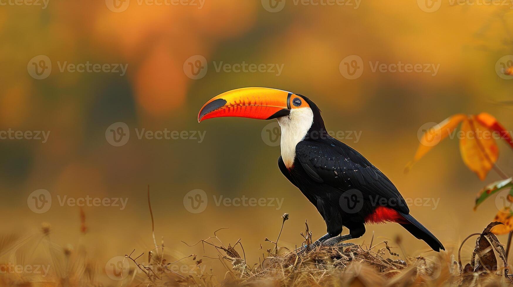 Vibrant toucan perched in a serene autumn landscape, surrounded by colorful foliage photo