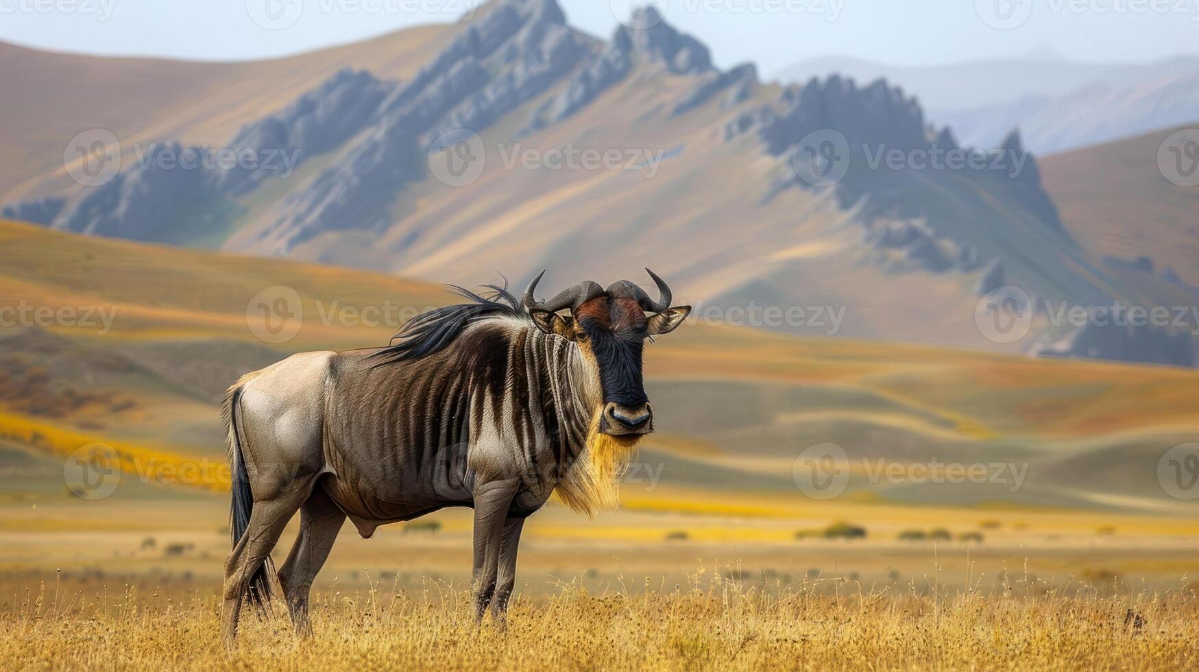 A lone wildebeest stands majestically in a vast, golden grassland with distant mountains photo