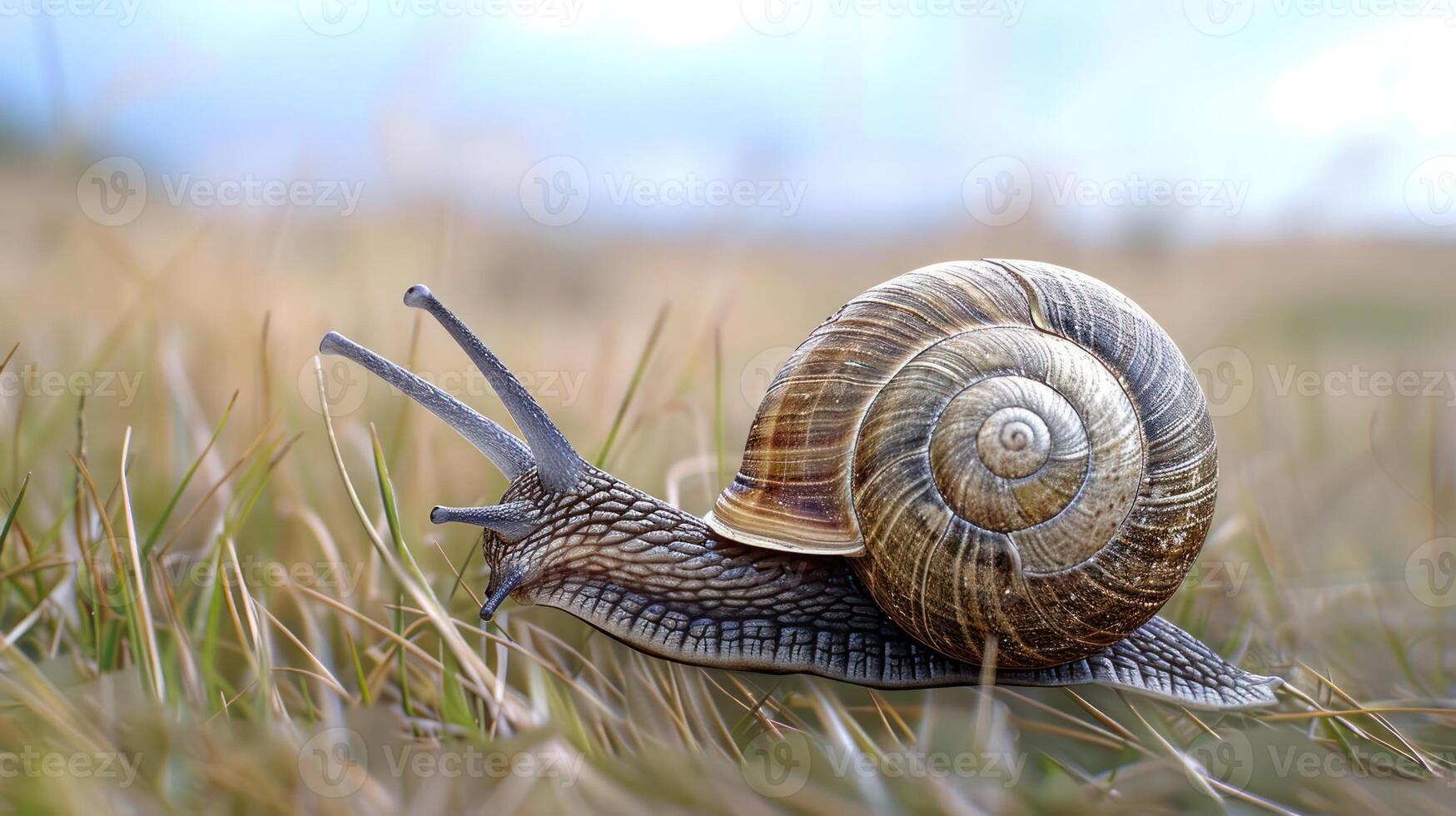 Close-up of a snail crawling on grass with a blurred natural background under a cloudy sky photo
