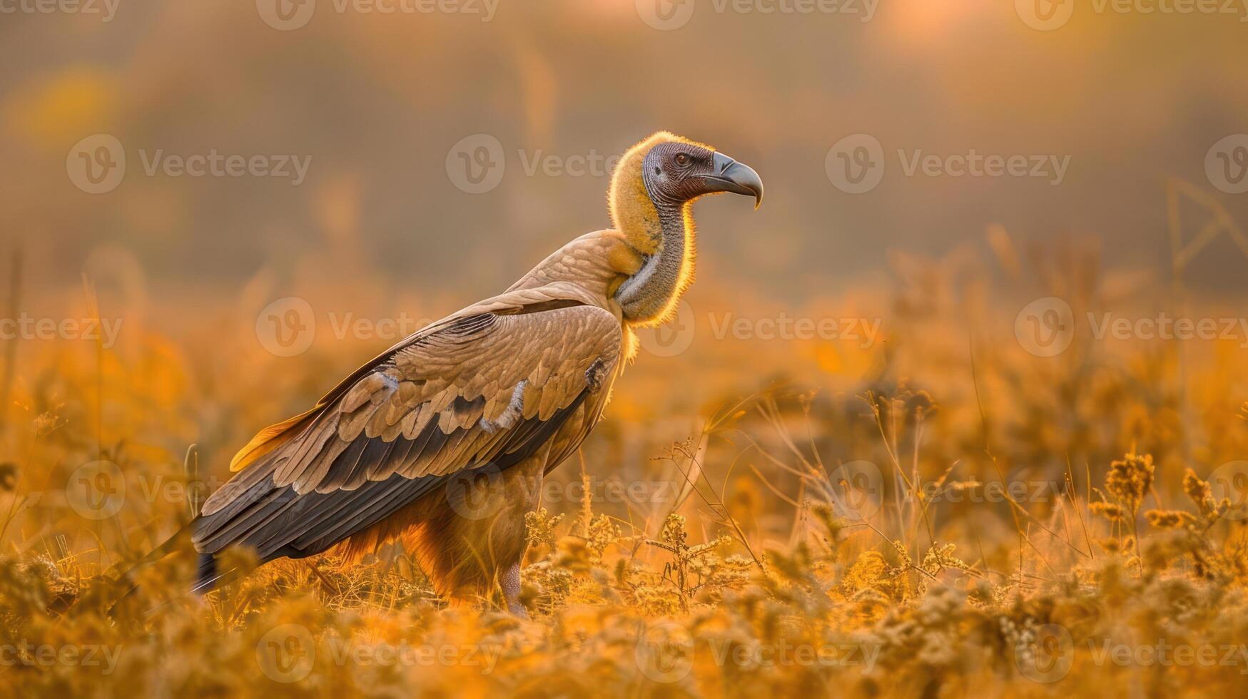 Majestic vulture standing in golden grass at sunset, showcasing nature's beauty and tranquility photo