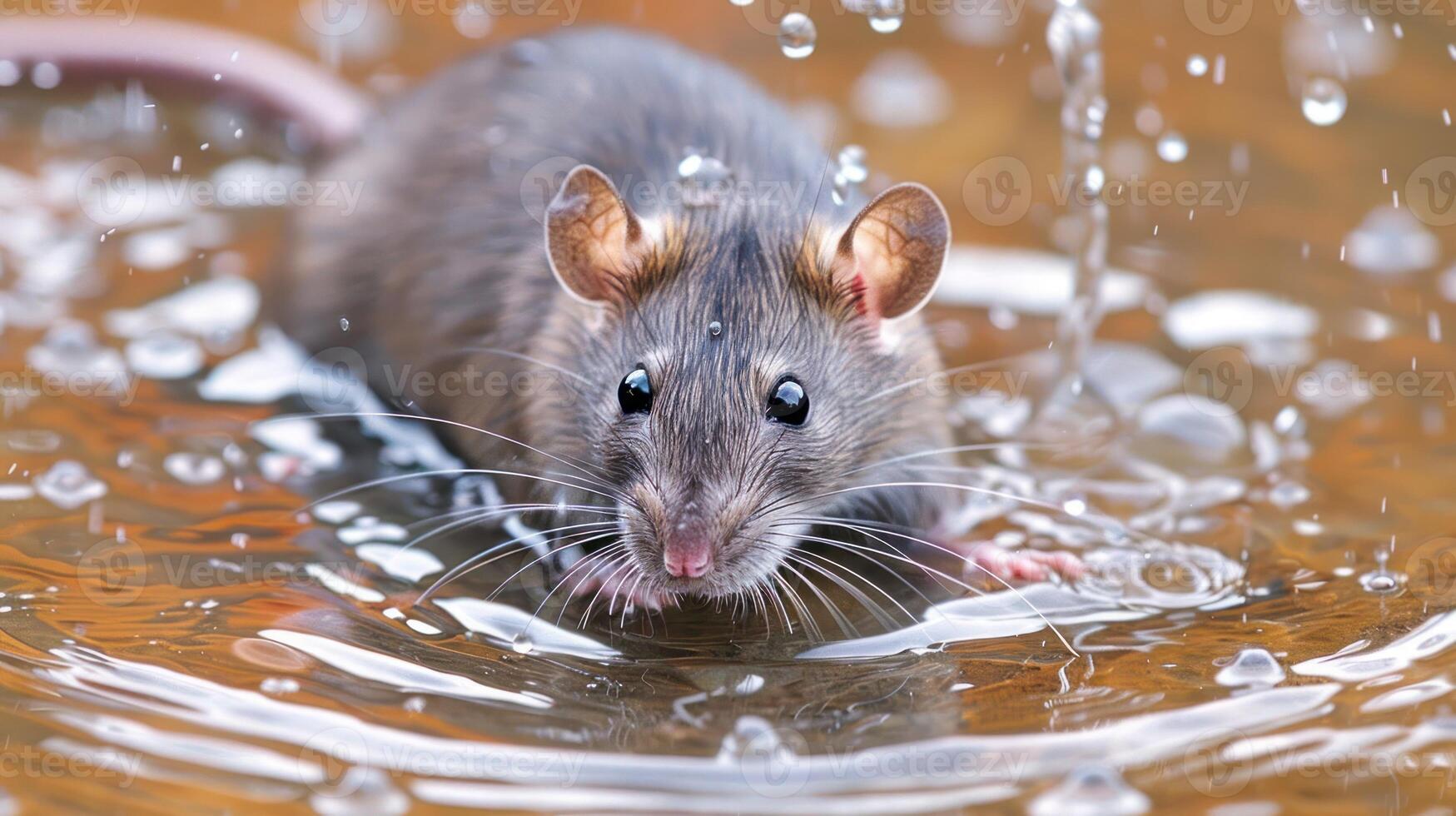 A close-up of a water-drenched rat splashing in a puddle, surrounded by droplets in a natural setting photo