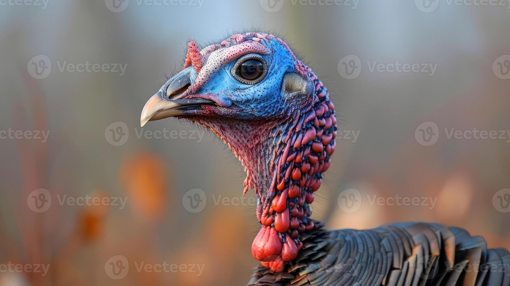 Close-up of a wild turkey showcasing vibrant colors in a natural forest setting photo