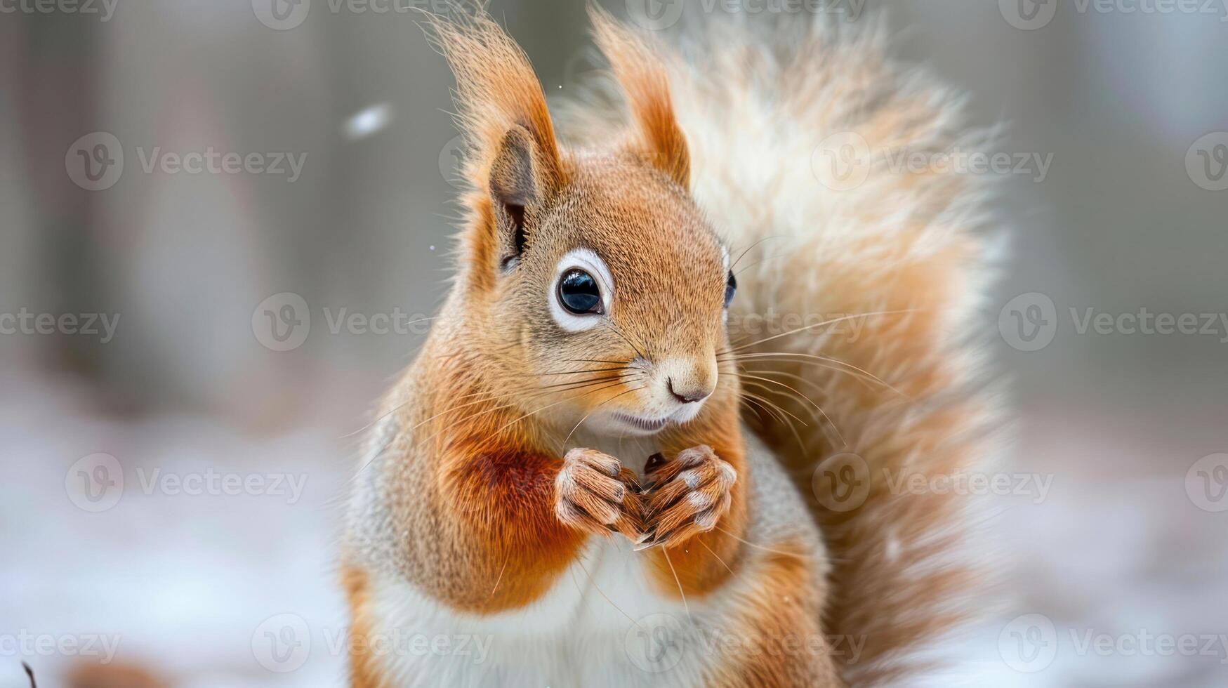 Close-up of a curious squirrel holding a nut in a snowy forest, with blurred trees in the background photo
