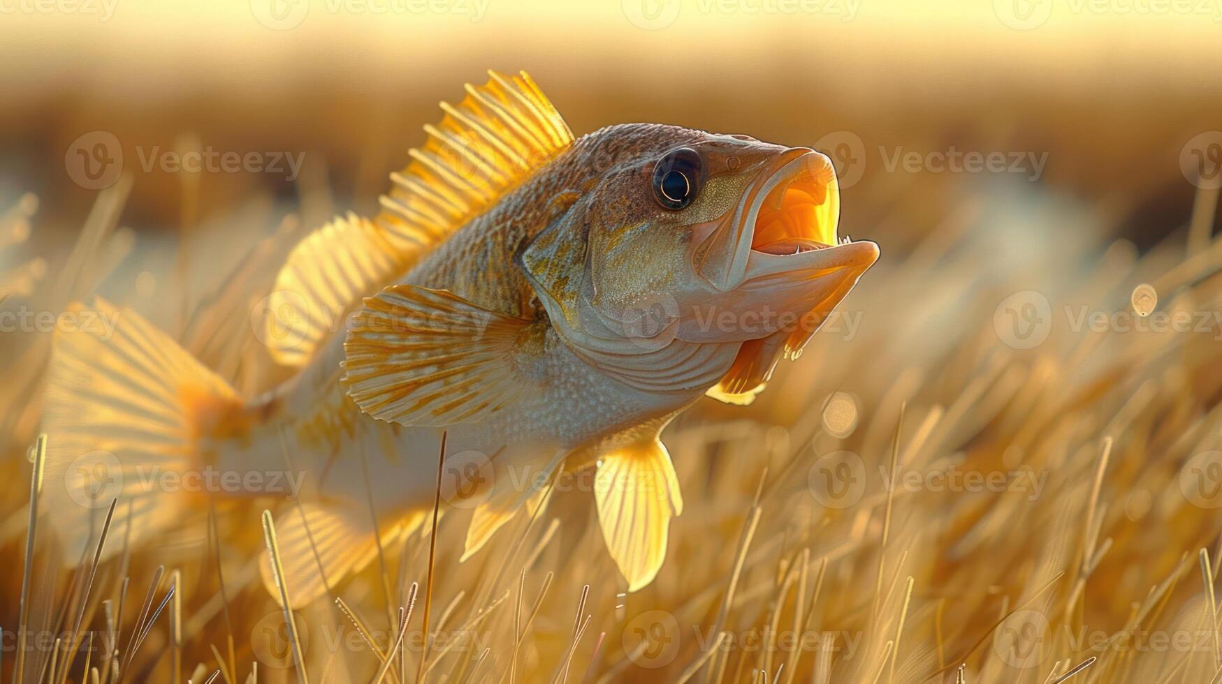 Lively fish emerging from golden grasslands during sunset, showcasing nature's beauty and tranquility photo