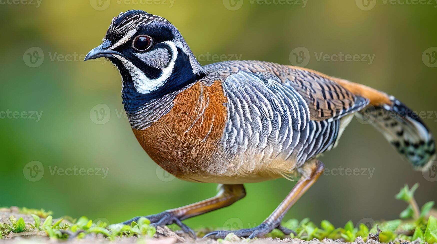Colorful bird walking on a branch in a lush green environment with blurred background photo