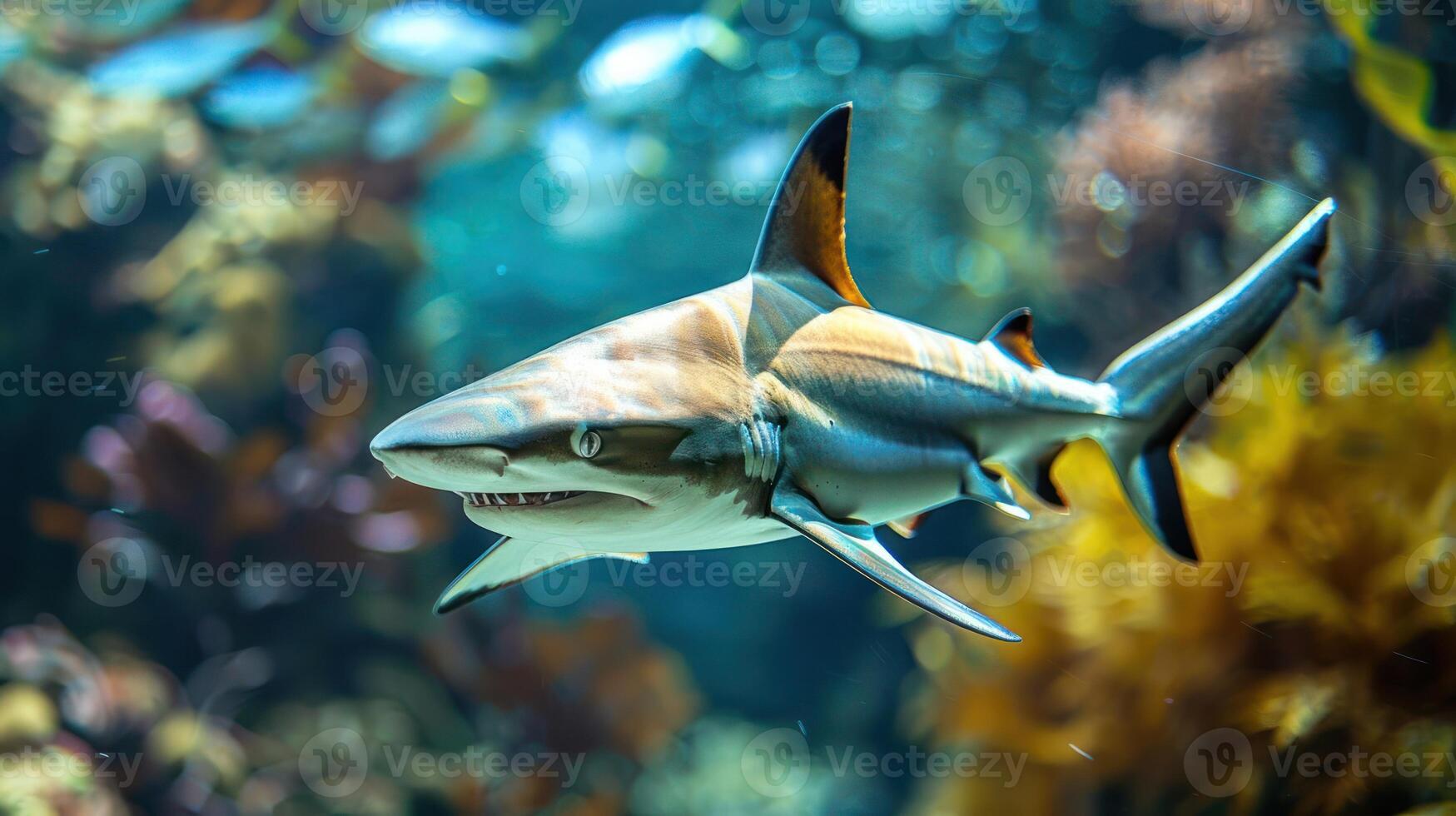 A graceful shark swimming through a vibrant underwater landscape filled with colorful corals photo