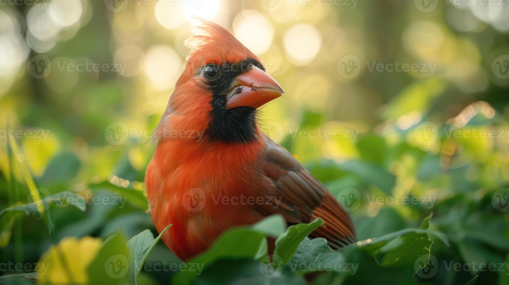 Vibrant red cardinal perched among lush green foliage with a soft, blurred forest background photo