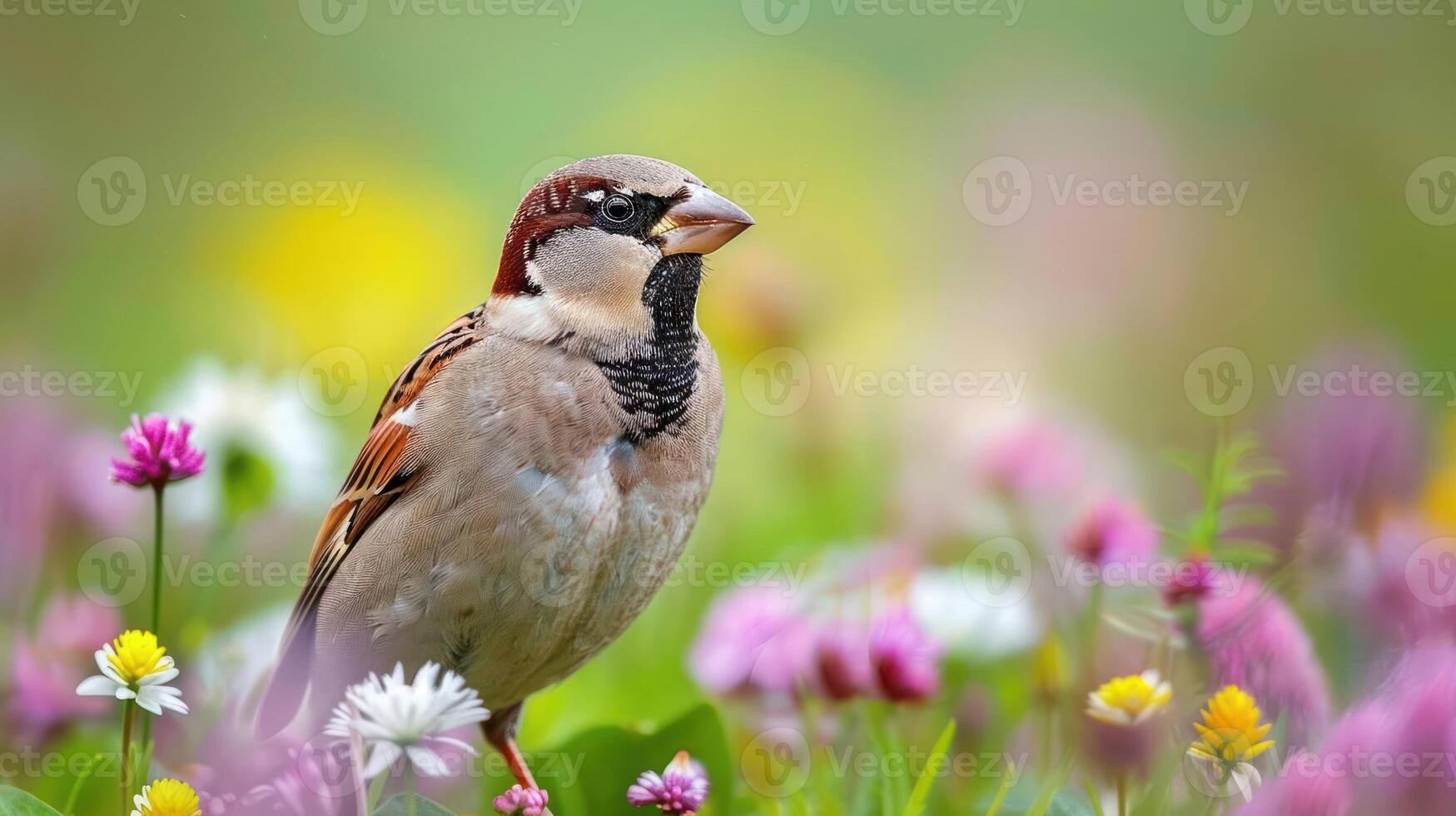 A sparrow perched amidst a vibrant field of wildflowers, showcasing nature's beauty in spring photo