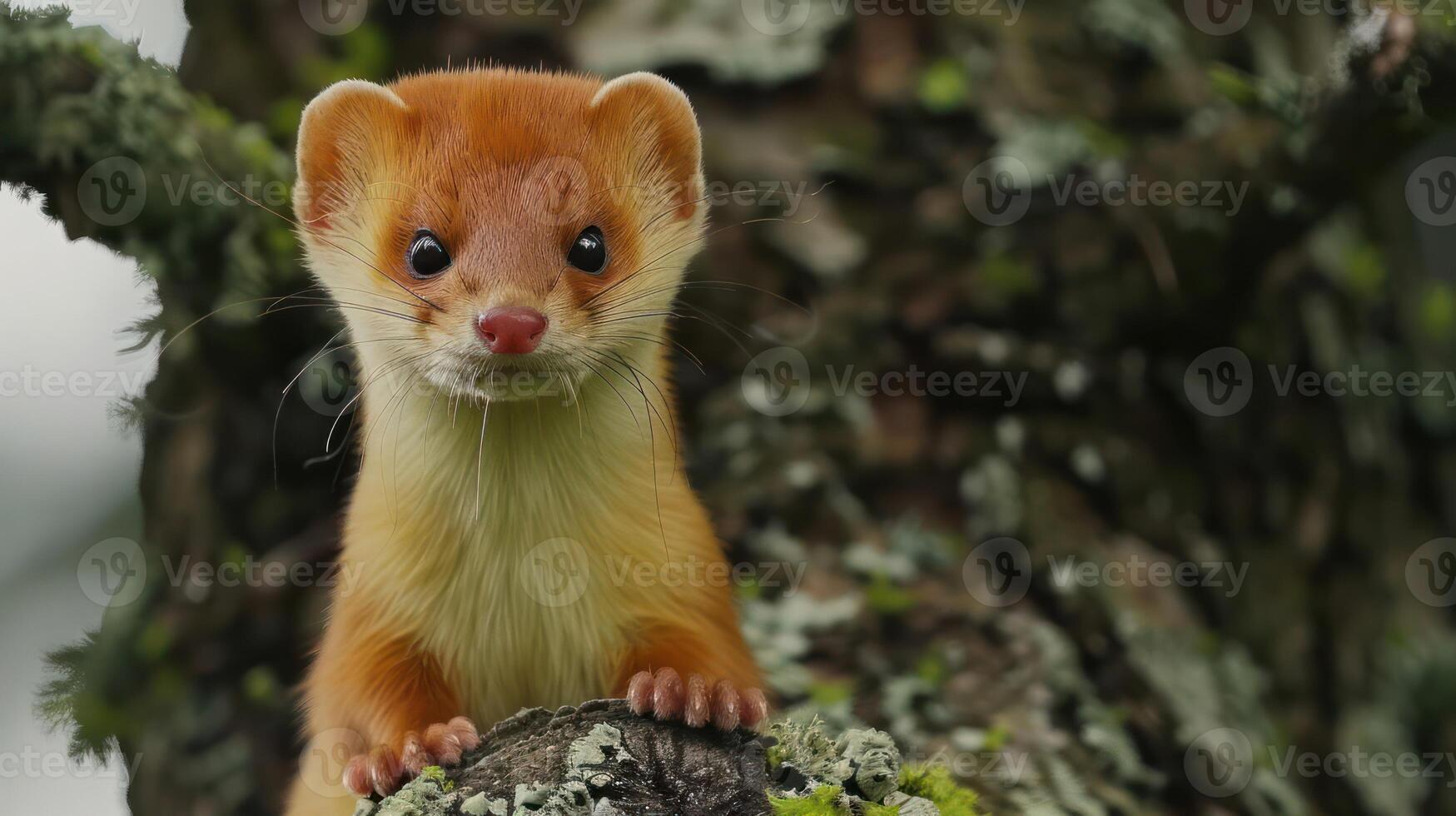 Close-up of a curious weasel perched on a mossy tree trunk in a serene forest setting photo