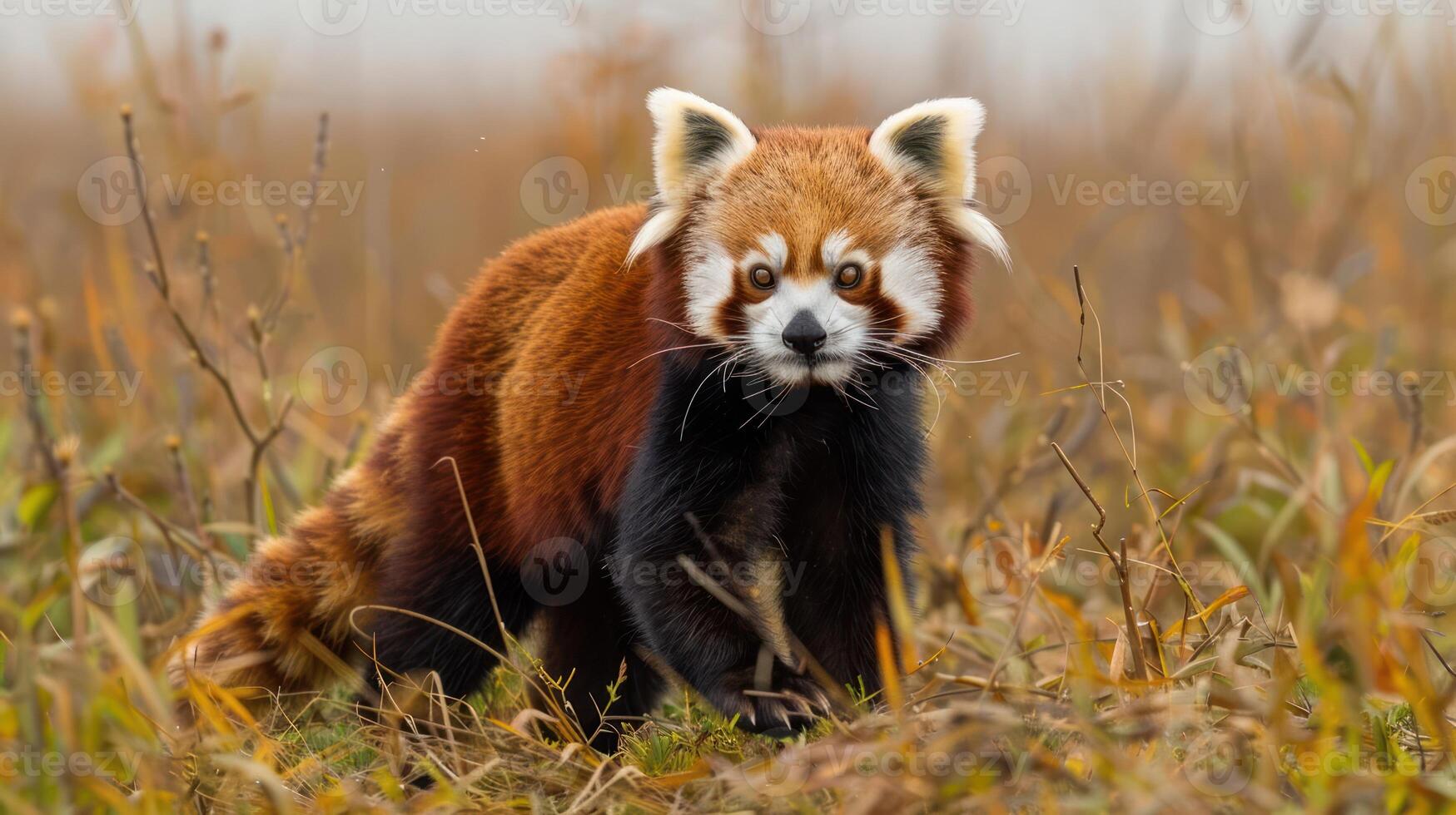A red panda exploring a grassy field, surrounded by soft fog and distant trees, showcasing wildlife photo